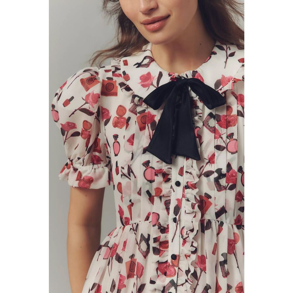 nwt ANTHROPOLOGIE MAEVE sz L Anisa Makhoul Puff Sleeve Bow Front Dress - Picture 3 of 4
